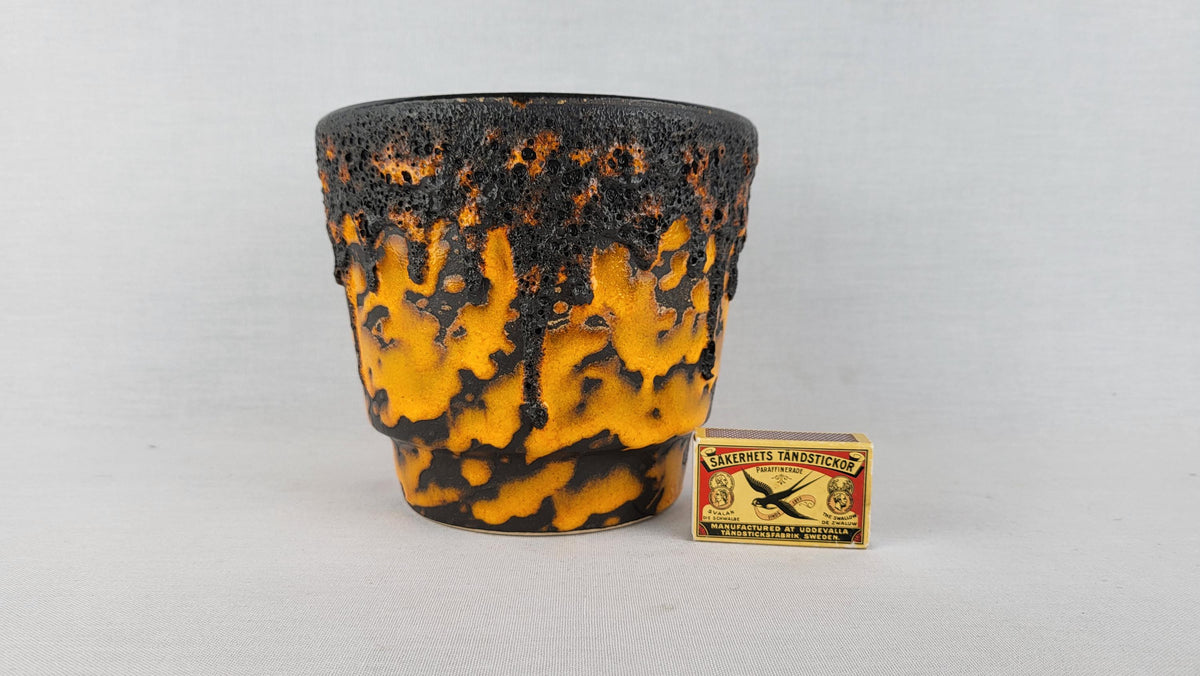 Vintage FOHR KERAMIK Black and Orange Fat Lava Planter / Flower Pot With Dripped Decor West German Pottery 1970s