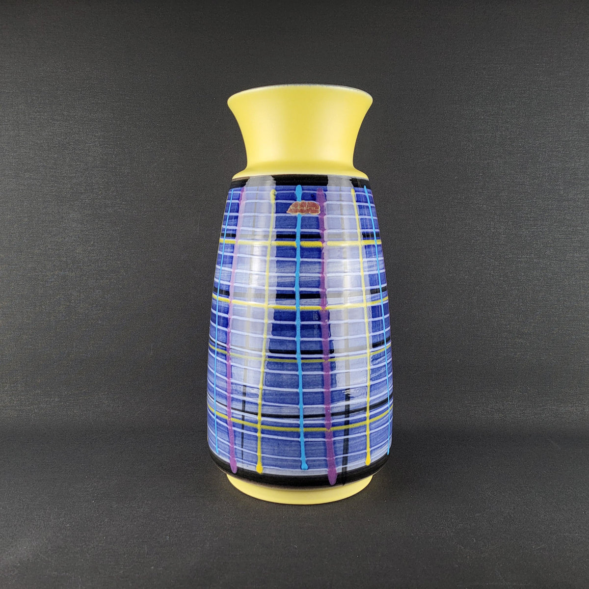 Vintage BAY KERAMIK Yellow Blue Vase with Upsula Decor 526-35 Contura Serie West German Pottery 1960s