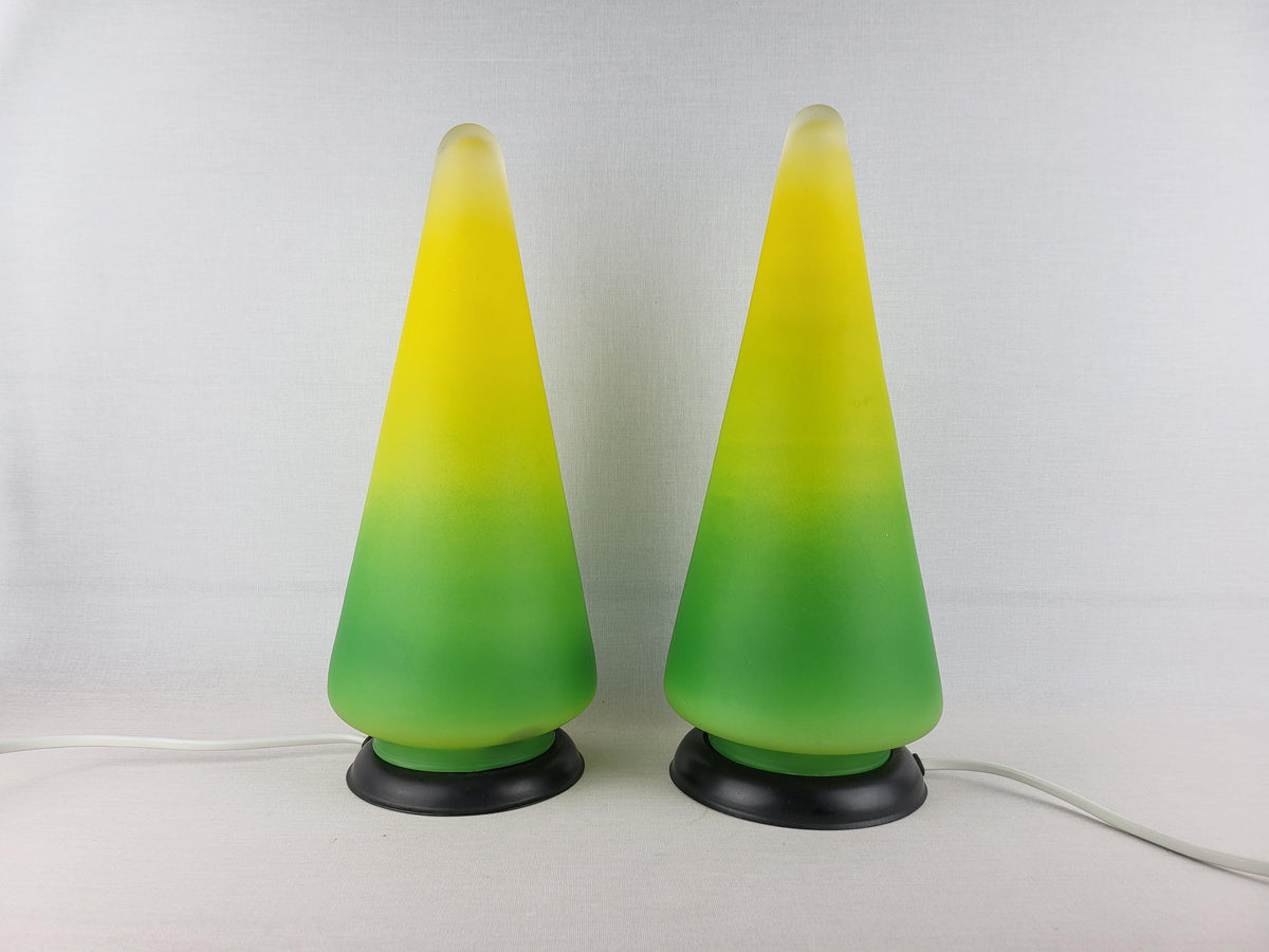 Vintage Set Funky Table Bedside Lamps Green and Yellow Glass Piramide, Lampholder Vandeheg NL 1980s