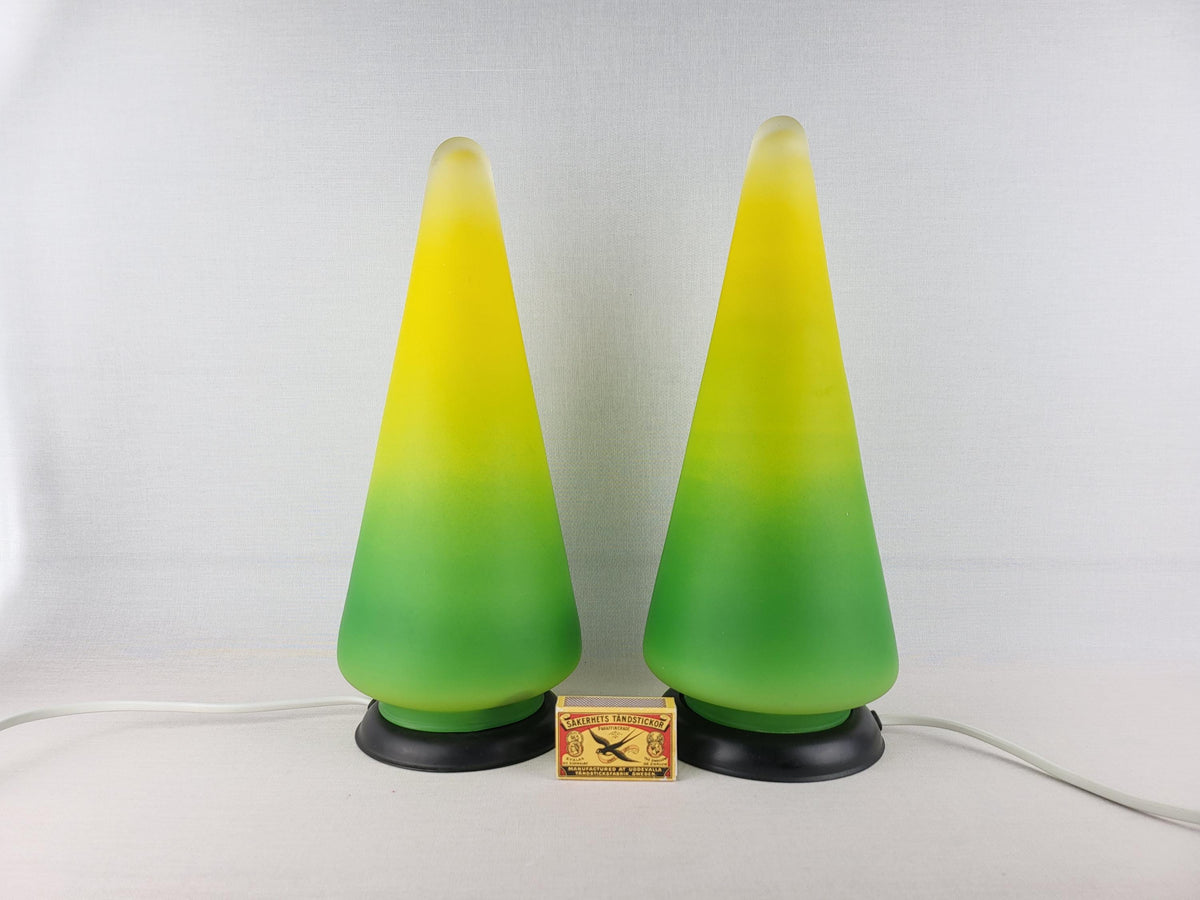 Vintage Set Funky Table Bedside Lamps Green and Yellow Glass Piramide, Lampholder Vandeheg NL 1980s