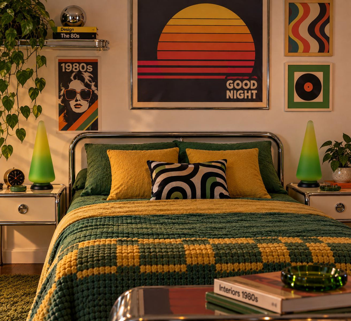 Vintage Set Funky Table Bedside Lamps Green and Yellow Glass Piramide, Lampholder Vandeheg NL 1980s