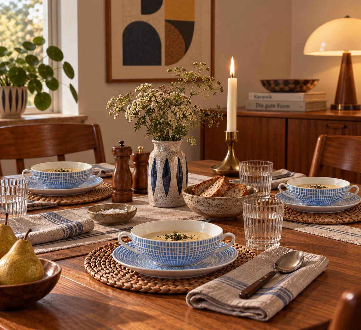 Vintage Porzellanfabrik Arzberg "Azurblau" Soup Bowl Set by Heinrich Löffelhardt West Germany 1950s