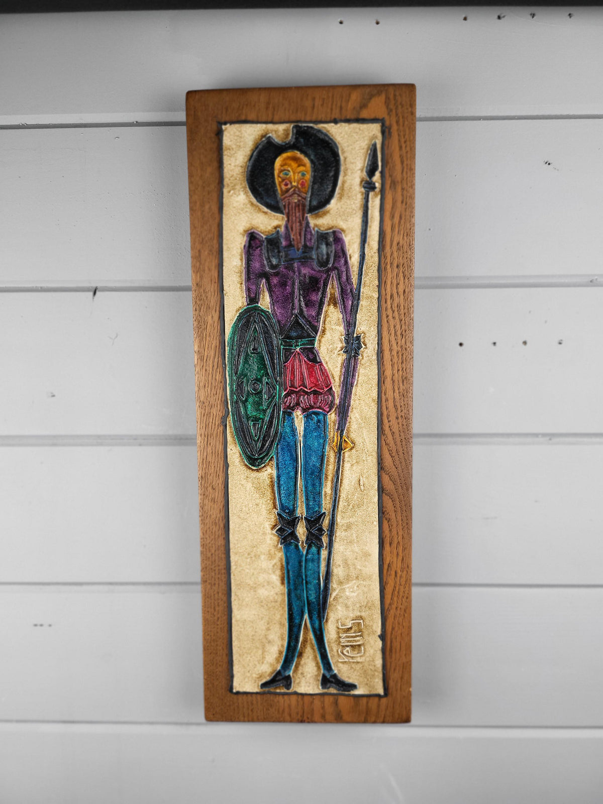Vintage REM’S Don Quichot Leather & Oil Wall Art Tableau France 1970s