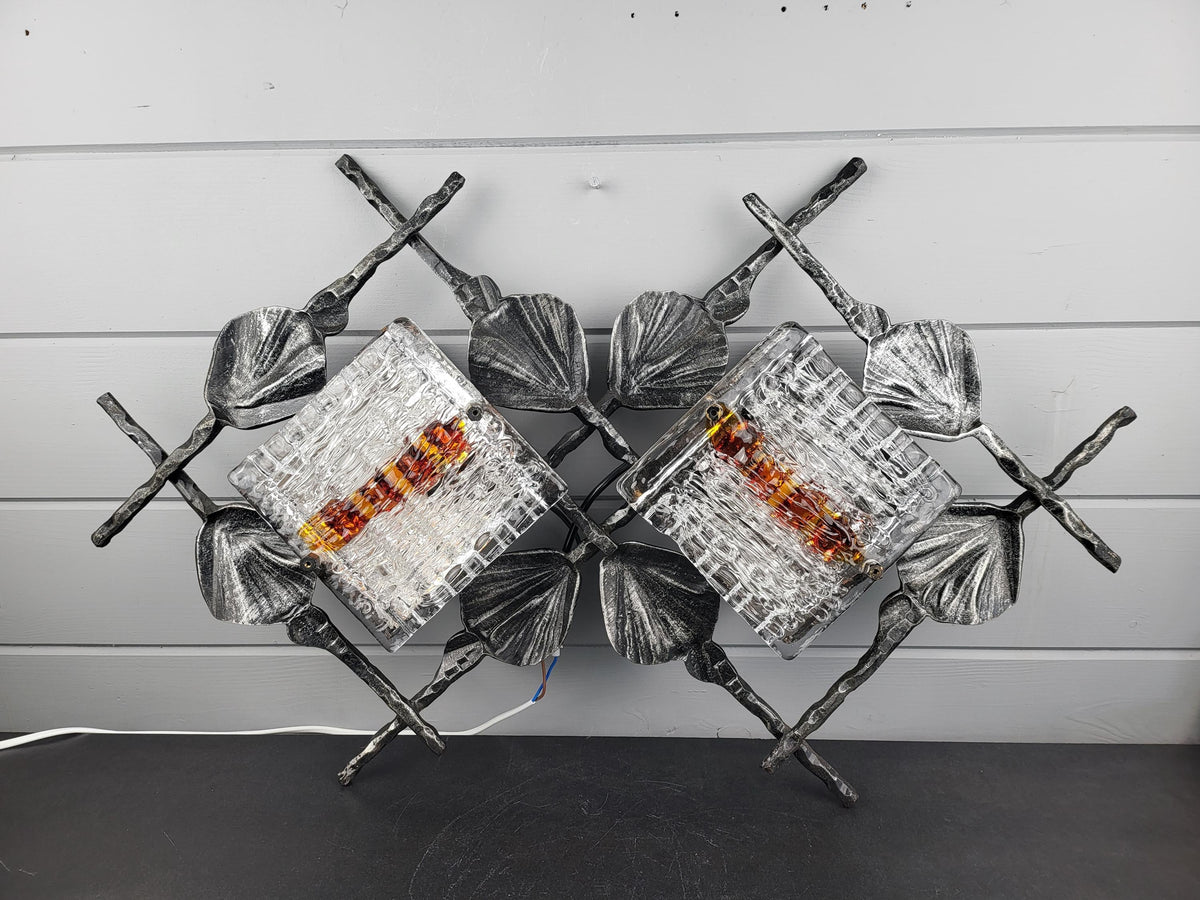 Vintage Tom Ahlström & Hans Ehrlich Brutalist XL Wall Lamp Wrought Iron and Artistic Glass Sweden 1960s