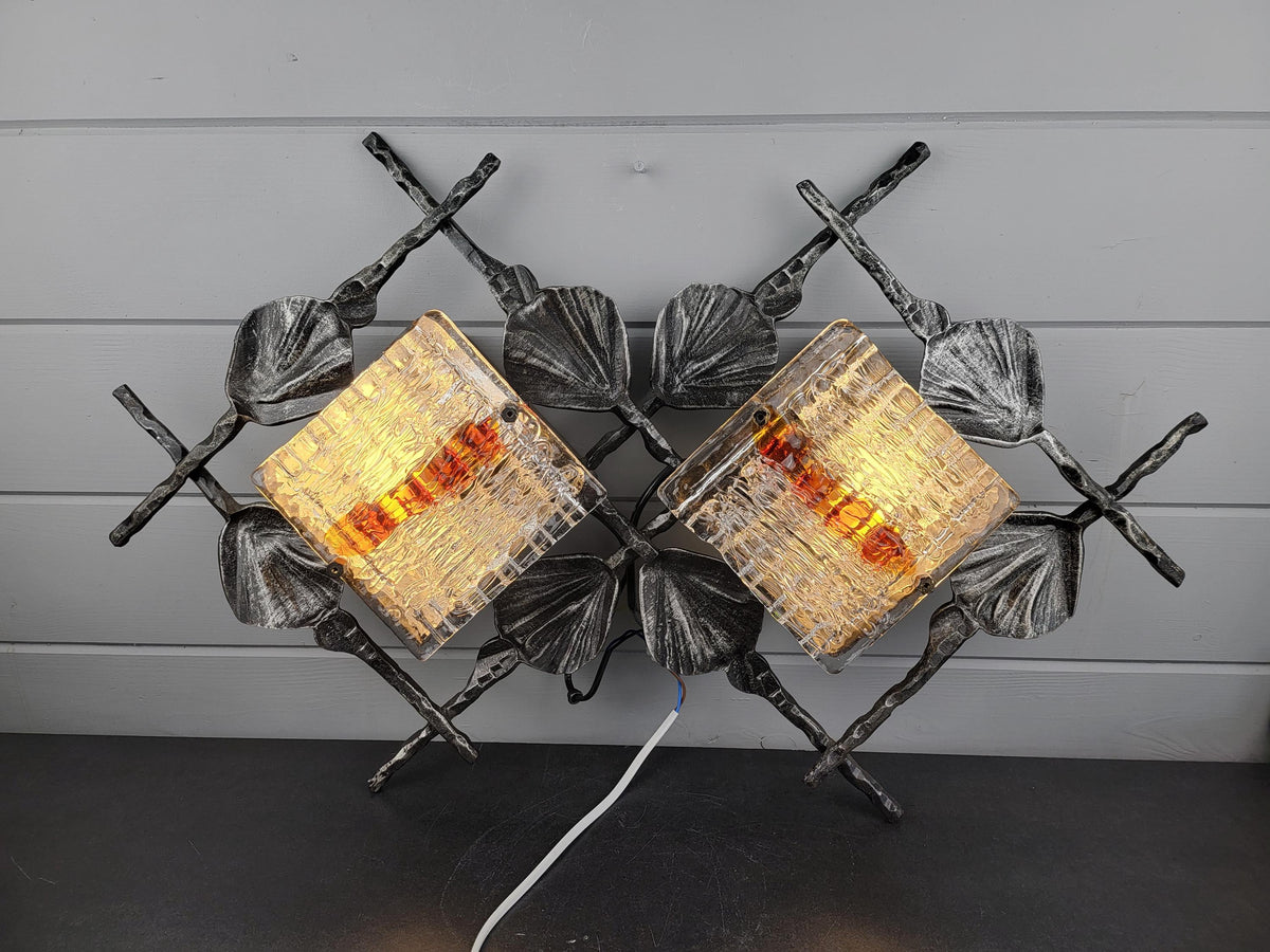 Vintage Tom Ahlström & Hans Ehrlich Brutalist XL Wall Lamp Wrought Iron and Artistic Glass Sweden 1960s