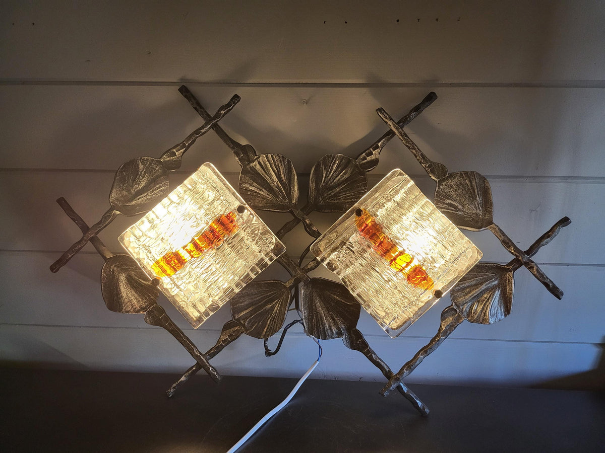 Vintage Tom Ahlström & Hans Ehrlich Brutalist XL Wall Lamp Wrought Iron and Artistic Glass Sweden 1960s