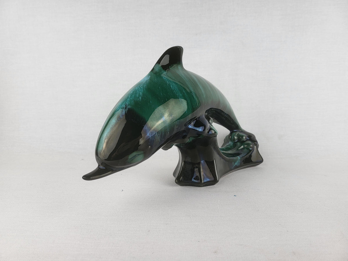 Vintage BLUE MOUNTAIN POTTERY Green and Black Dolphin Figurine Canada 1960s