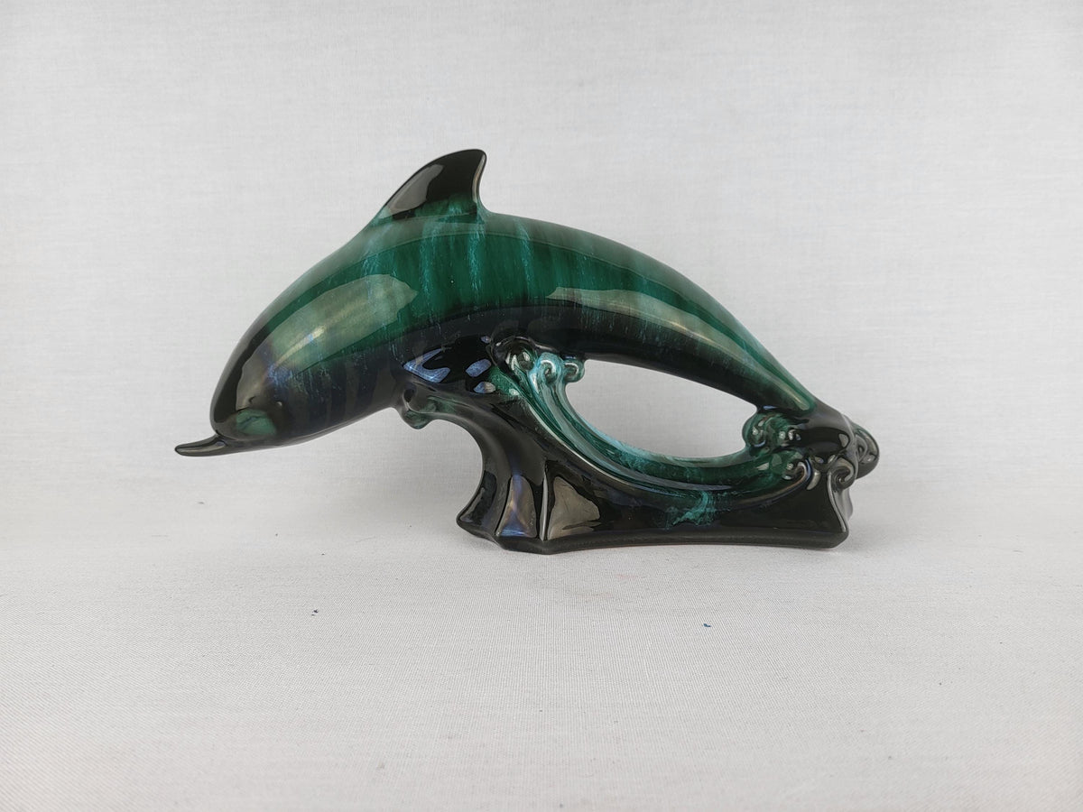 Vintage BLUE MOUNTAIN POTTERY Green and Black Dolphin Figurine Canada 1960s