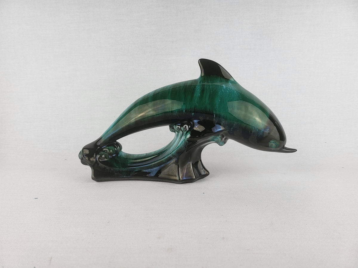 Vintage BLUE MOUNTAIN POTTERY Green and Black Dolphin Figurine Canada 1960s