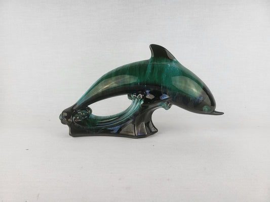Vintage BLUE MOUNTAIN POTTERY Green and Black Dolphin Figurine Canada 1960s