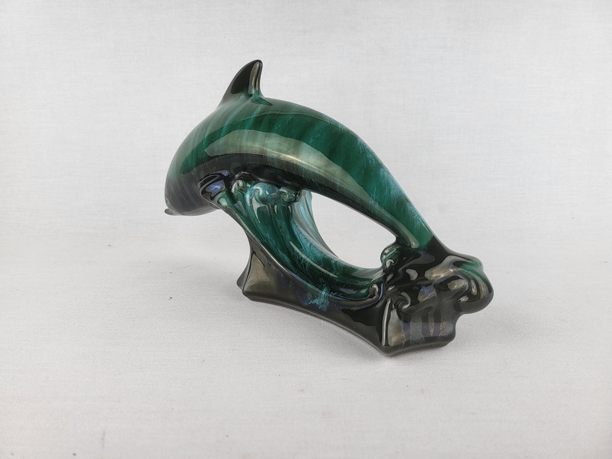 Vintage BLUE MOUNTAIN POTTERY Green and Black Dolphin Figurine Canada 1960s