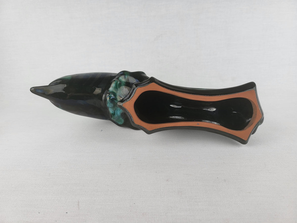 Vintage BLUE MOUNTAIN POTTERY Green and Black Dolphin Figurine Canada 1960s