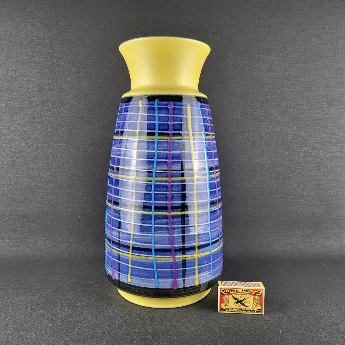 Vintage BAY KERAMIK Yellow Blue Vase with Upsula Decor 526-35 Contura Serie West German Pottery 1960s