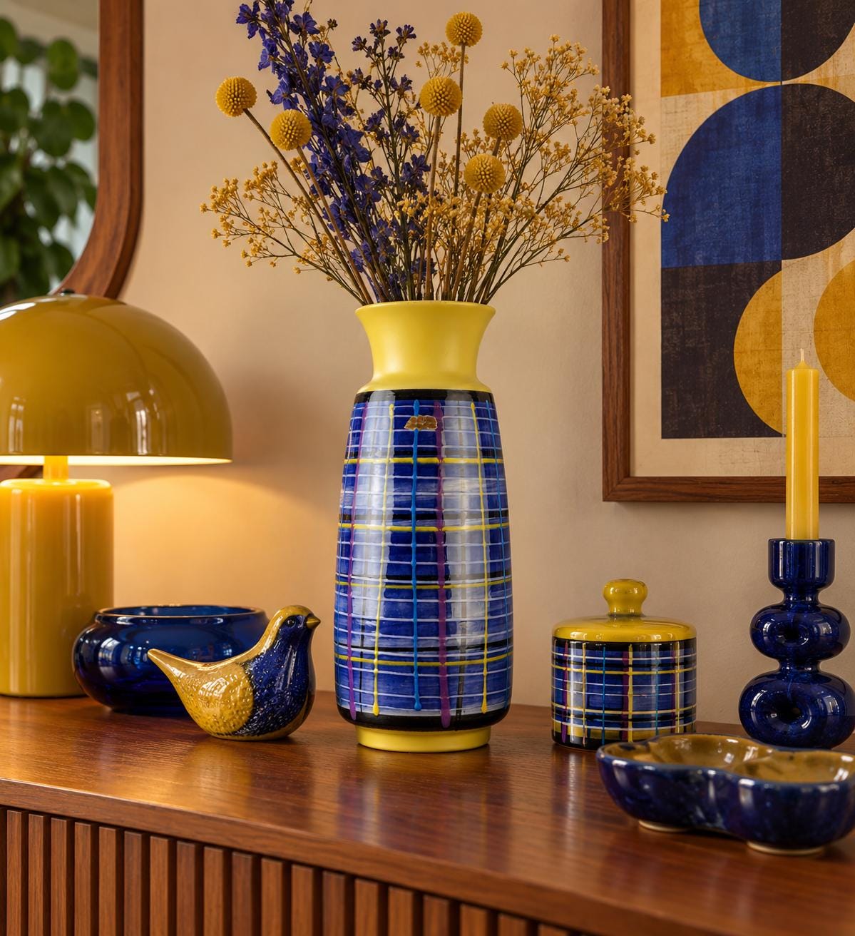 Vintage BAY KERAMIK Yellow Blue Vase with Upsula Decor 526-35 Contura Serie West German Pottery 1960s