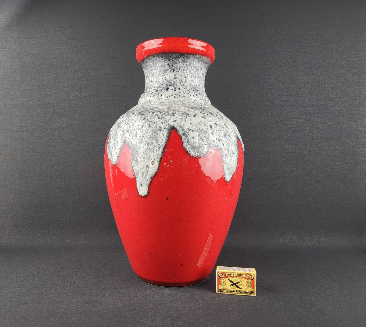 Vintage BAY KERAMIK Red Vase With Grey/ White Fat Lava Decor 66 40 West German Pottery 1960s