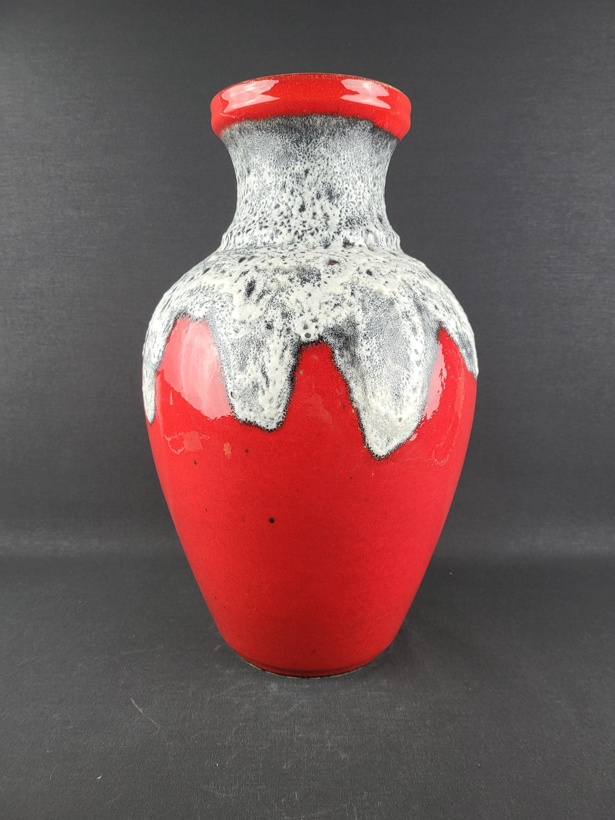 Vintage BAY KERAMIK Red Vase With Grey/ White Fat Lava Decor 66 40 West German Pottery 1960s