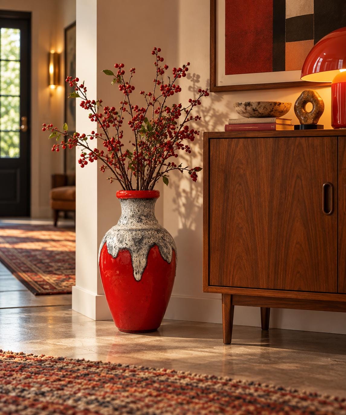 Vintage BAY KERAMIK Red Vase With Grey/ White Fat Lava Decor 66 40 West German Pottery 1960s