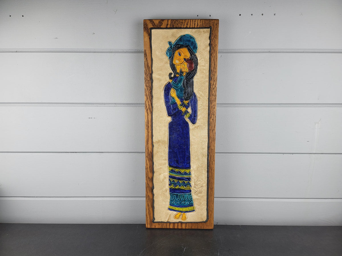 Vintage REM’S Madonna and Child Leather & Oil Wall Art Tableau France 1970s