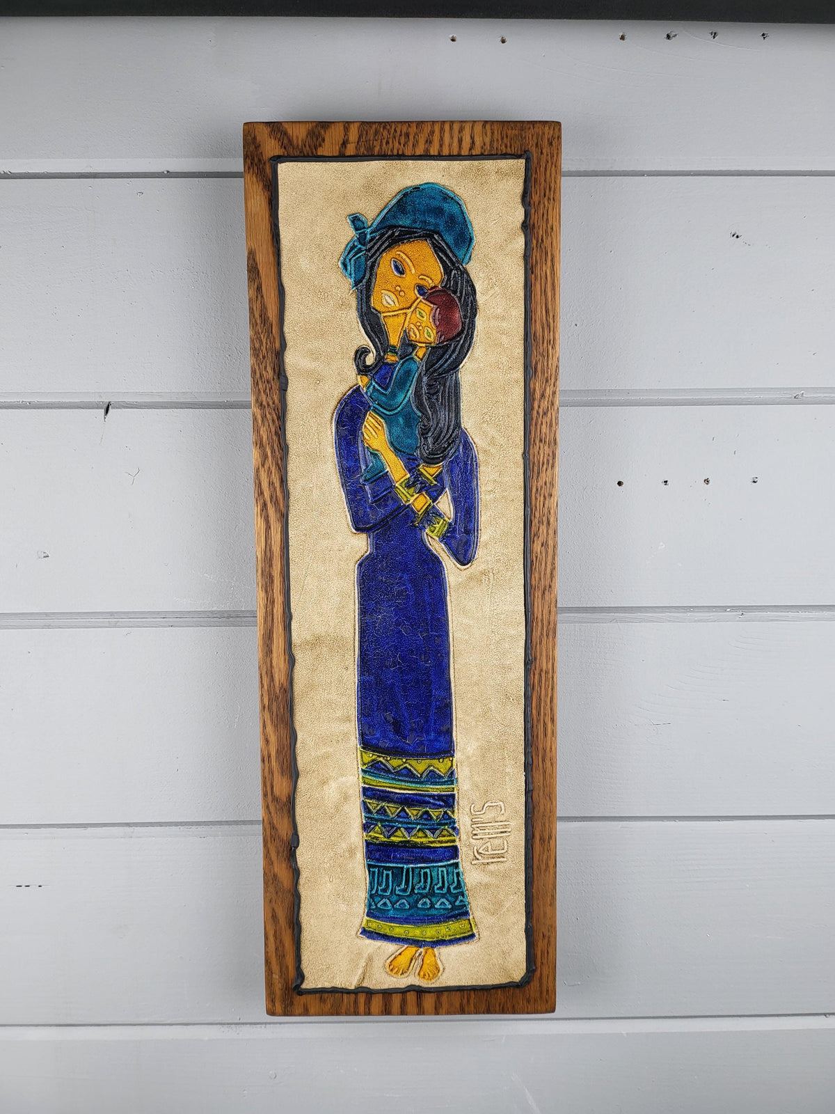 Vintage REM’S Madonna and Child Leather & Oil Wall Art Tableau France 1970s