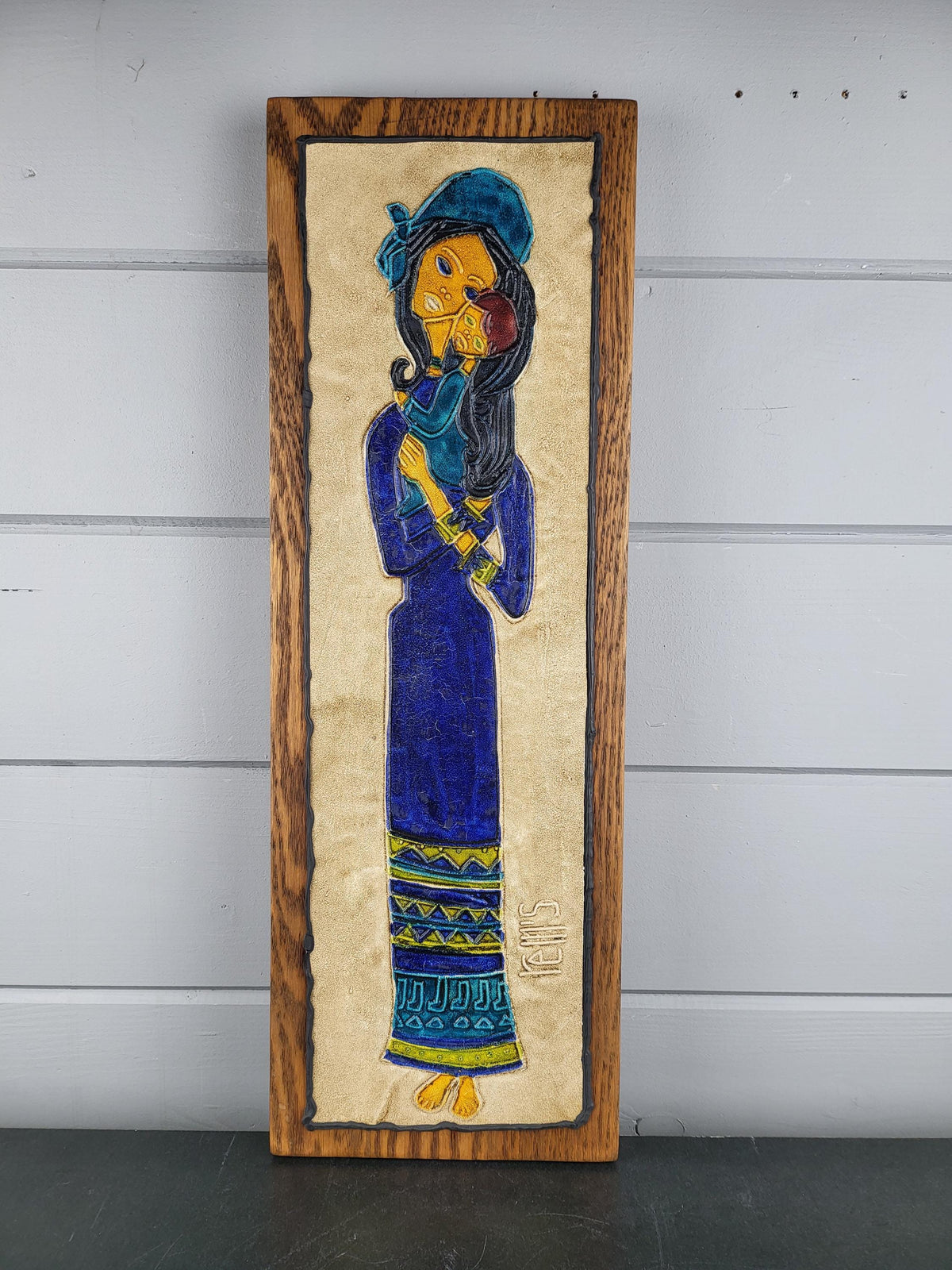 Vintage REM’S Madonna and Child Leather & Oil Wall Art Tableau France 1970s