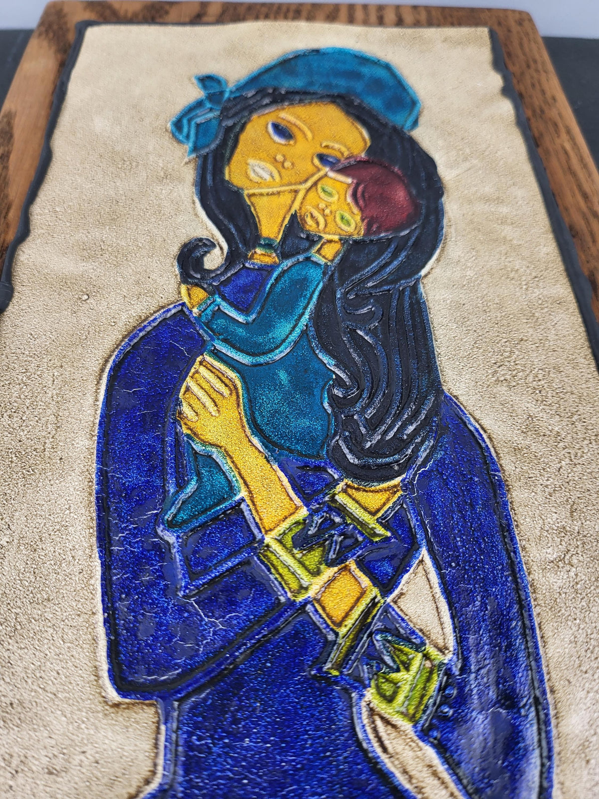 Vintage REM’S Madonna and Child Leather & Oil Wall Art Tableau France 1970s
