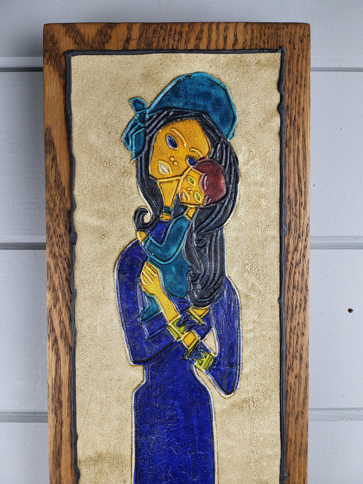 Vintage REM’S Madonna and Child Leather & Oil Wall Art Tableau France 1970s