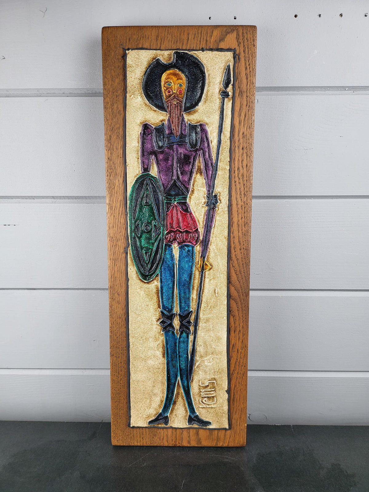 Vintage REM’S Don Quichot Leather & Oil Wall Art Tableau France 1970s