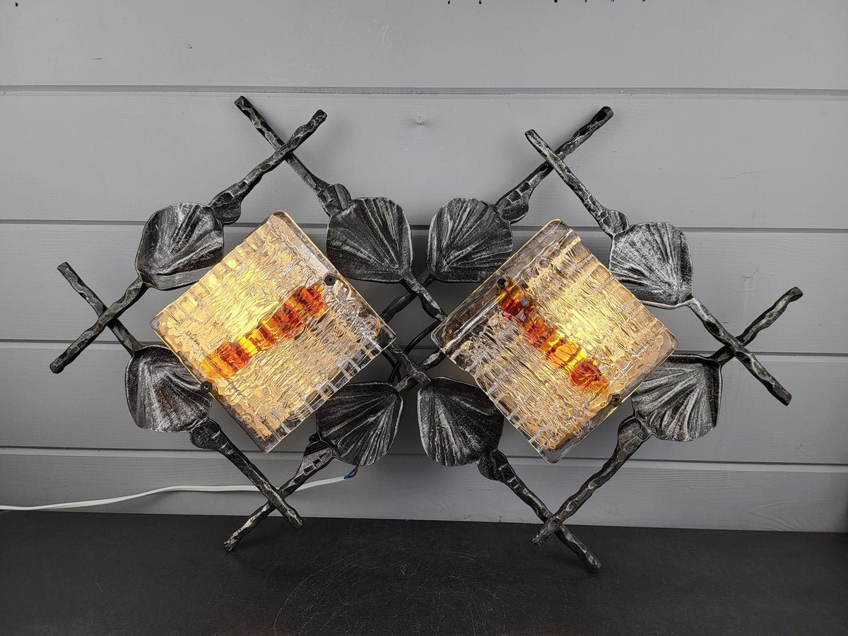 Vintage Tom Ahlström & Hans Ehrlich Brutalist XL Wall Lamp Wrought Iron and Artistic Glass Sweden 1960s