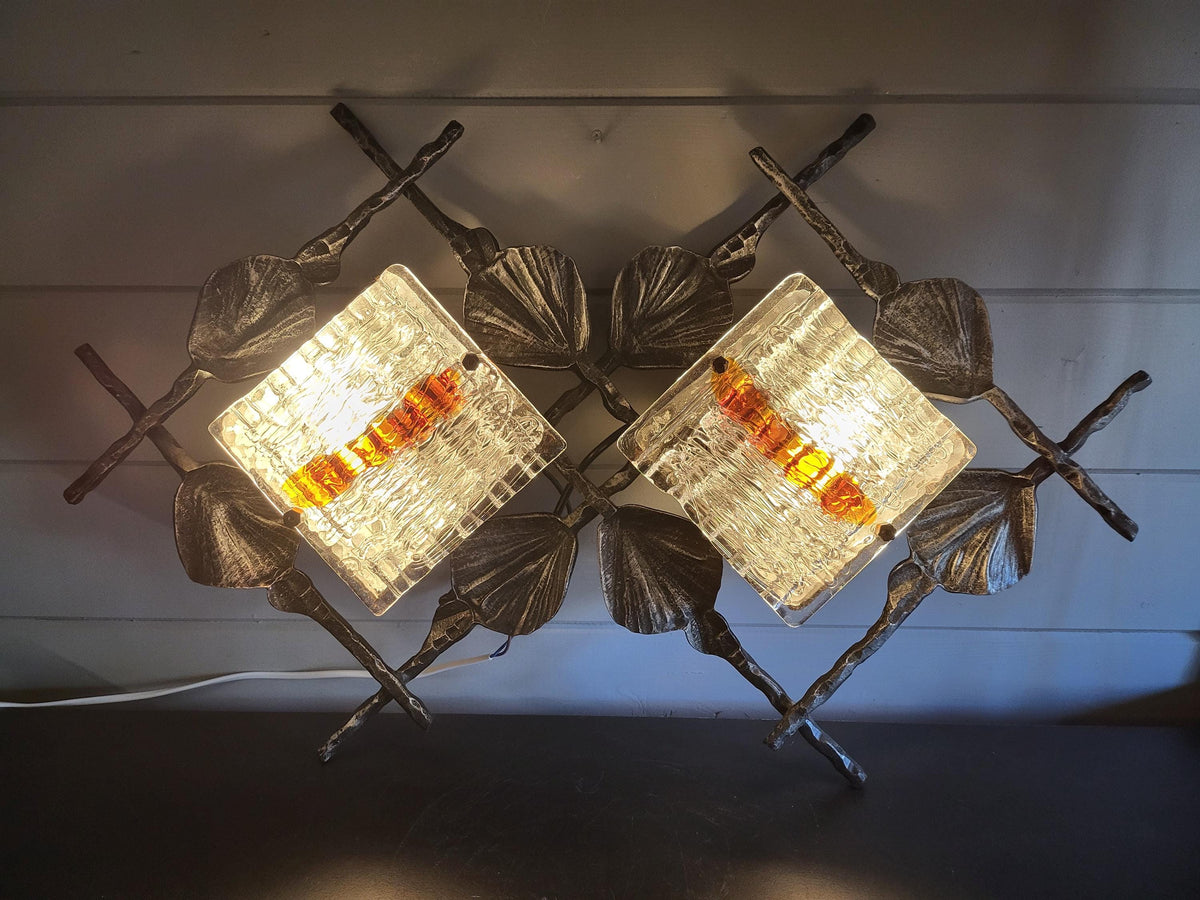 Vintage Tom Ahlström & Hans Ehrlich Brutalist XL Wall Lamp Wrought Iron and Artistic Glass Sweden 1960s