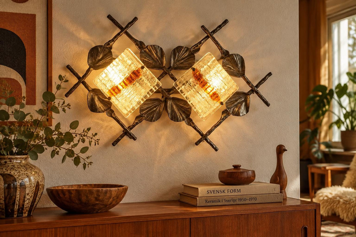 Vintage Tom Ahlström & Hans Ehrlich Brutalist XL Wall Lamp Wrought Iron and Artistic Glass Sweden 1960s