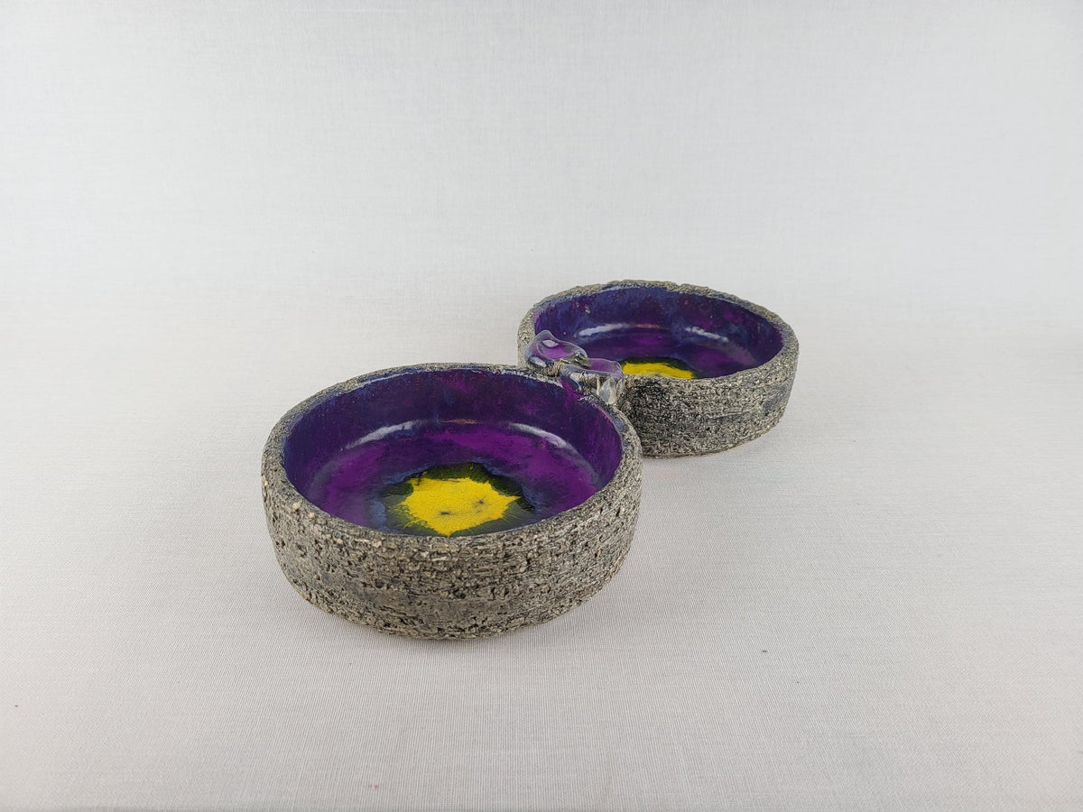Vintage VAN ERP Double Bowl Purple Yellow Dutch Studio Pottery 1960s 1970s