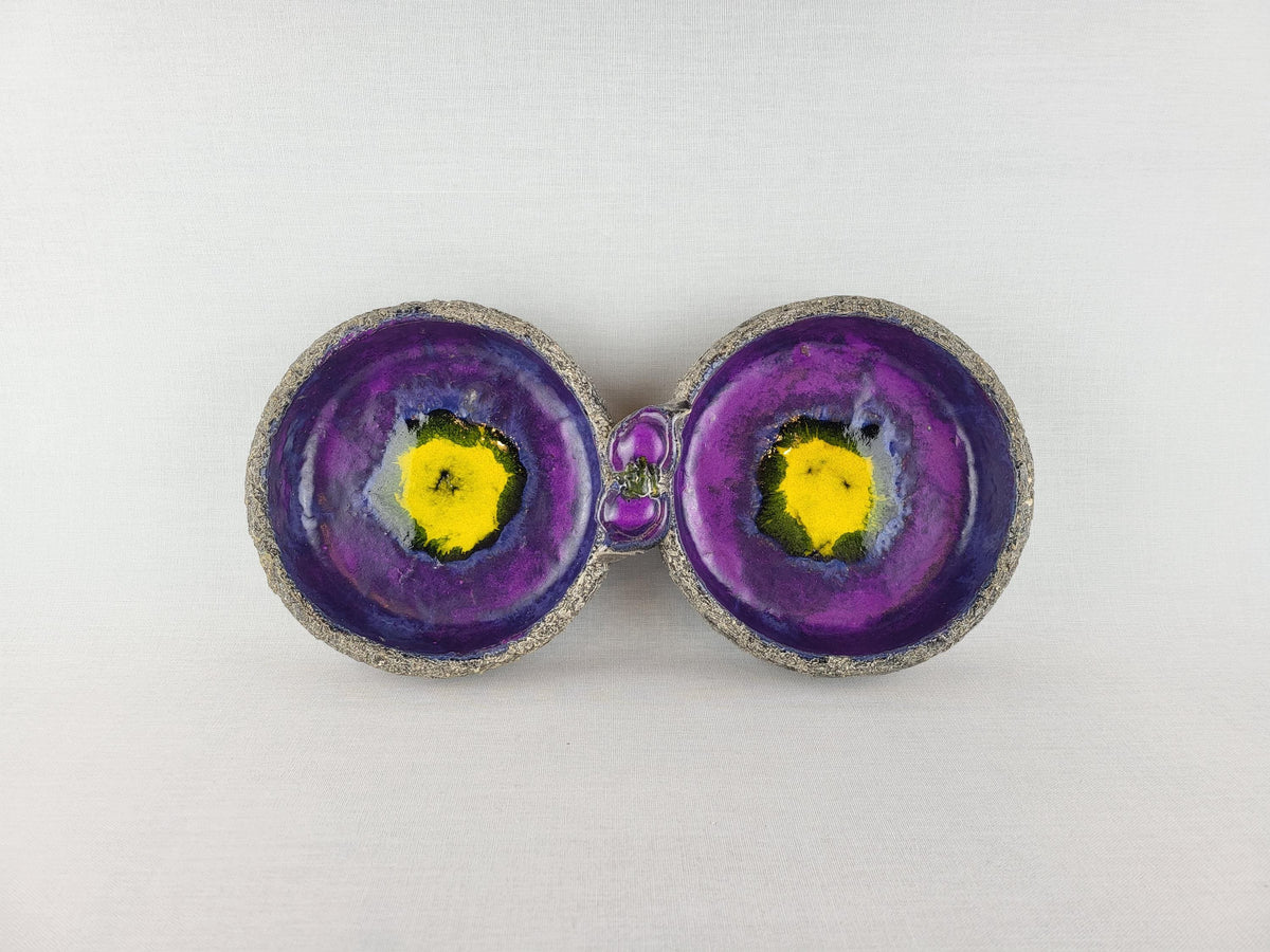 Vintage VAN ERP Double Bowl Purple Yellow Dutch Studio Pottery 1960s 1970s