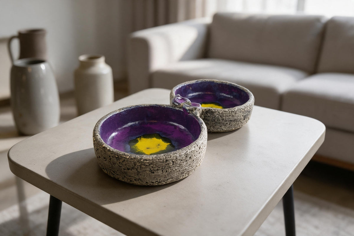 Vintage VAN ERP Double Bowl Purple Yellow Dutch Studio Pottery 1960s 1970s