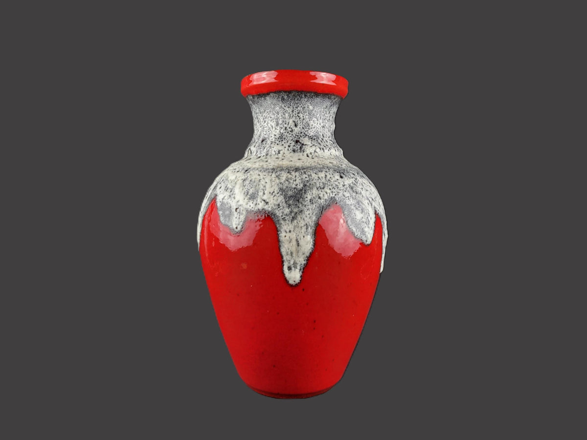 Vintage BAY KERAMIK Red Vase With Grey/ White Fat Lava Decor 66 40 West German Pottery 1960s
