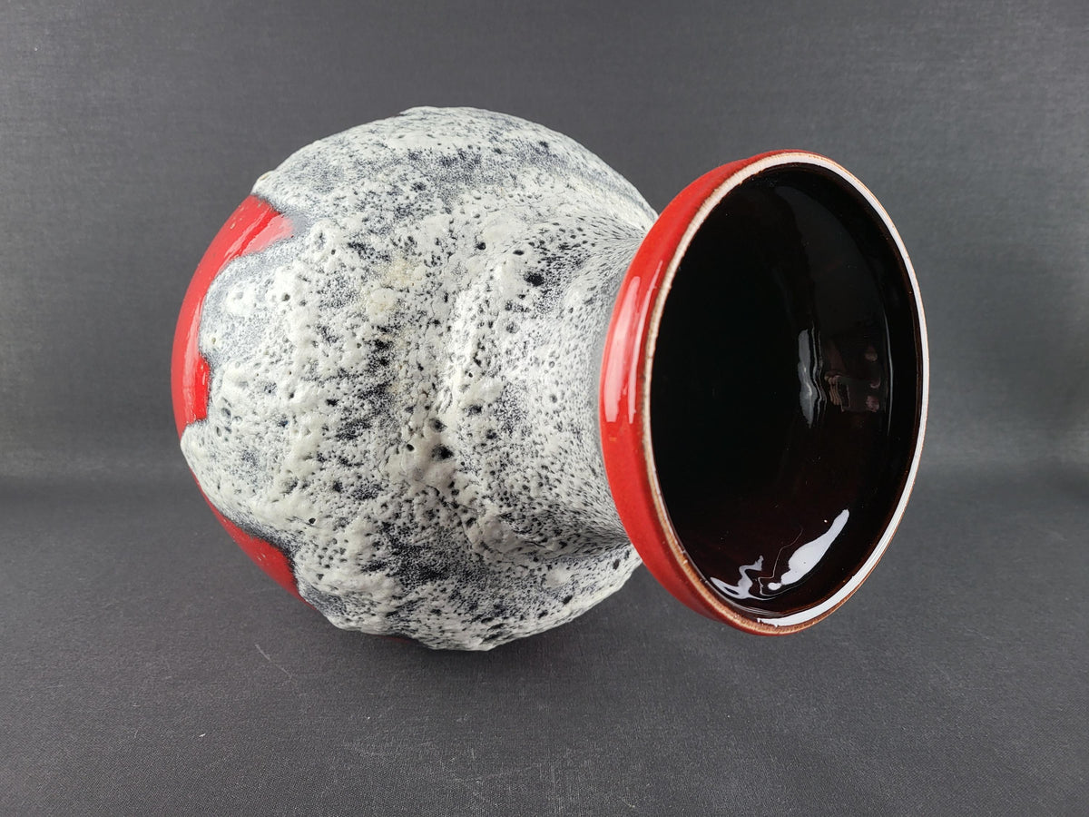 Vintage BAY KERAMIK Red Vase With Grey/ White Fat Lava Decor 66 40 West German Pottery 1960s