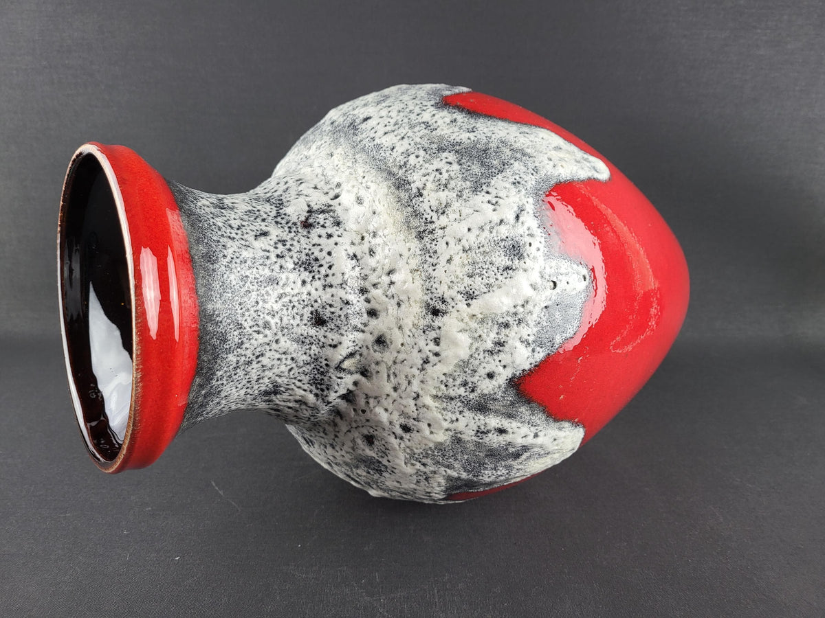 Vintage BAY KERAMIK Red Vase With Grey/ White Fat Lava Decor 66 40 West German Pottery 1960s