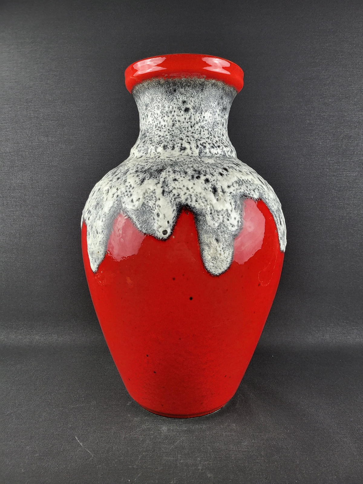 Vintage BAY KERAMIK Red Vase With Grey/ White Fat Lava Decor 66 40 West German Pottery 1960s