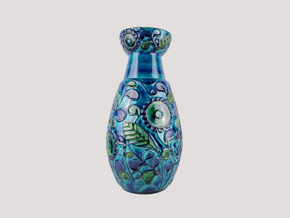 Vintage BAY KERAMIK Blue Turquoise Floor Vase With Turquoise Flower and Leaf Decor 72 50 West German Pottery 1970s
