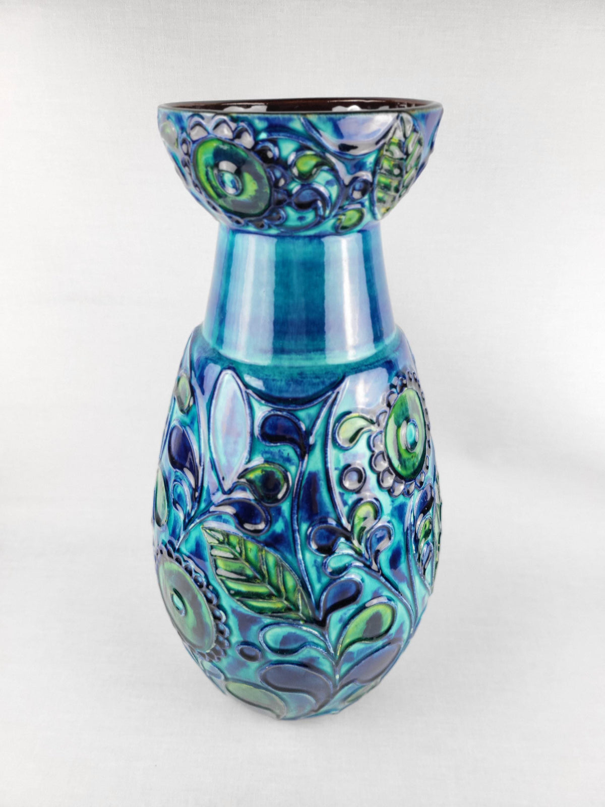 Vintage BAY KERAMIK Blue Turquoise Floor Vase With Turquoise Flower and Leaf Decor 72 50 West German Pottery 1970s