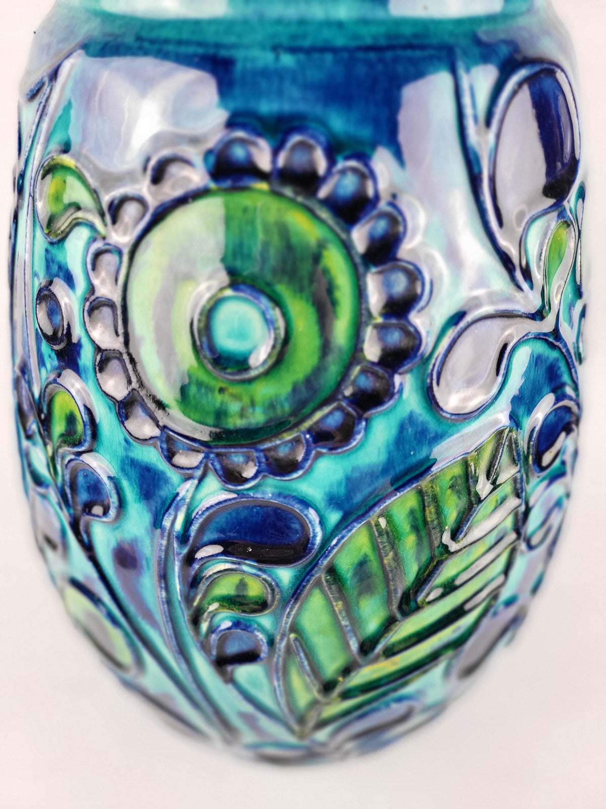 Vintage BAY KERAMIK Blue Turquoise Floor Vase With Turquoise Flower and Leaf Decor 72 50 West German Pottery 1970s