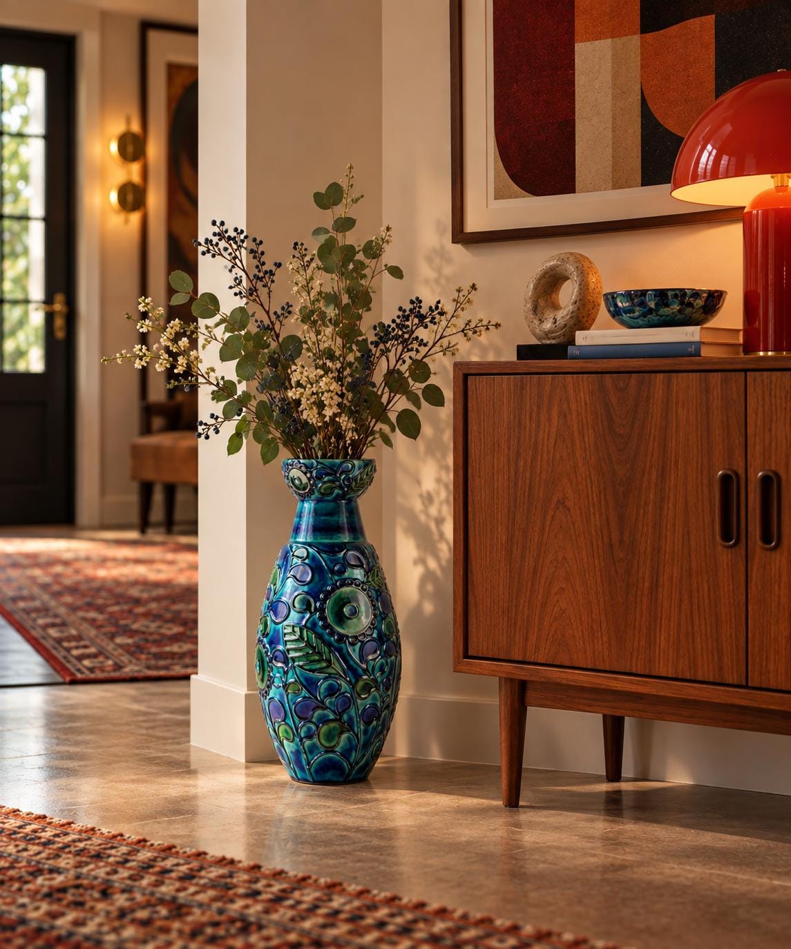 Vintage BAY KERAMIK Blue Turquoise Floor Vase With Turquoise Flower and Leaf Decor 72 50 West German Pottery 1970s