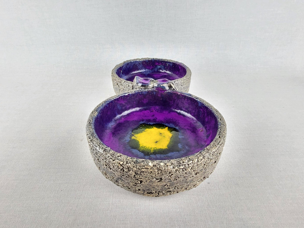 Vintage VAN ERP Double Bowl Purple Yellow Dutch Studio Pottery 1960s 1970s