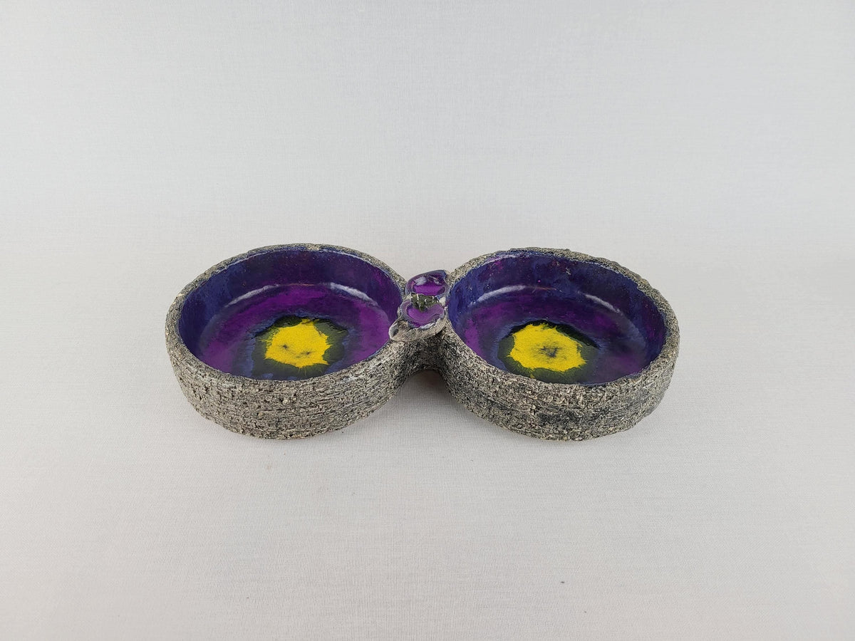 Vintage VAN ERP Double Bowl Purple Yellow Dutch Studio Pottery 1960s 1970s
