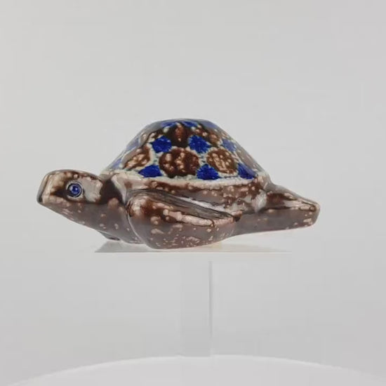 Vintage STUDIO POTTERY Blue and Brown Ceramic Turtle By Elfriede Balzar-Kopp West German Pottery 1950s
