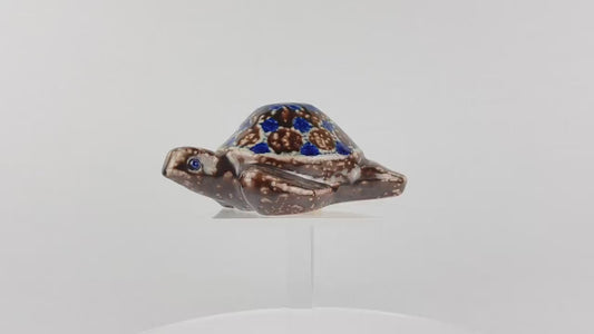 Vintage STUDIO POTTERY Blue and Brown Ceramic Turtle By Elfriede Balzar-Kopp West German Pottery 1950s