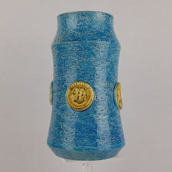 Vintage BITOSSI Rimini Blu Cylinder Vase with Medaillon Decor By Aldo Londi Italian Pottery 1960's