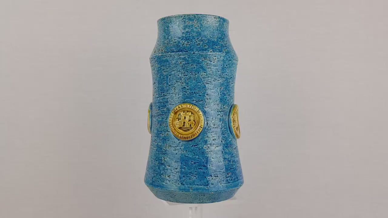 Vintage BITOSSI Rimini Blu Cylinder Vase with Medaillon Decor By Aldo Londi Italian Pottery 1960's
