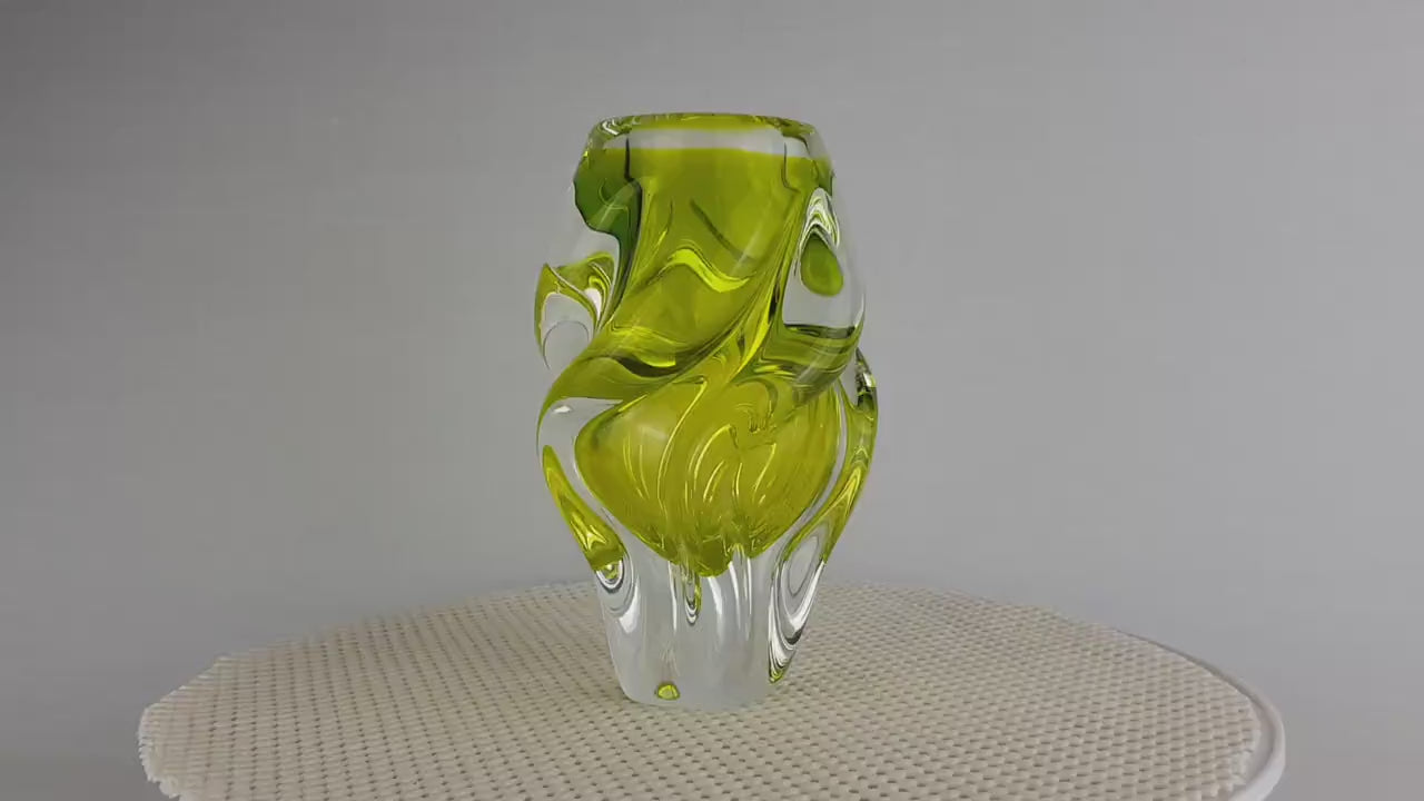 Vintage Rare JOSEF HOSPODKA Neon Yellow Vase Novy Bor Borocrystal Bohemian Czech Glass 1960s Czechoslovakia
