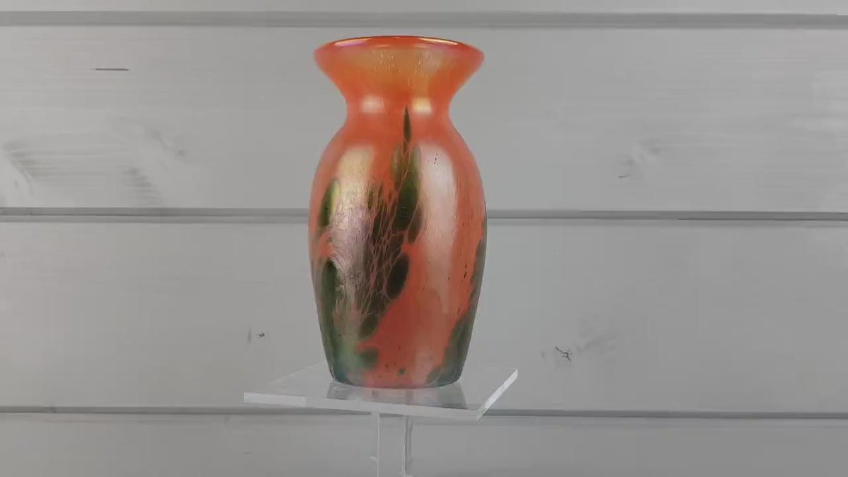 Vintage Orange and Green Glass Vase Carnival Style signed F. LUSTEU ???