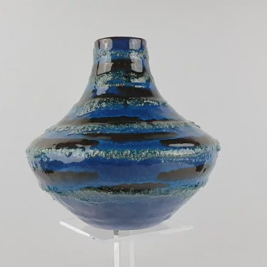 Vintage CARSTENS TONNIESHOF Blue Handled Vase With Fat Lava Decor 200 By Gerda Heuckeroth West German Pottery 1960s